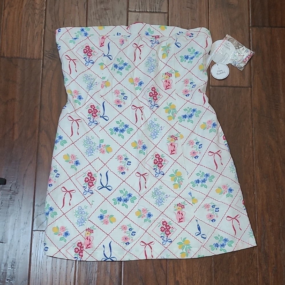 NWT Japna White Colorful Floral Strapless Mini Dress with Smocked Back size XL
